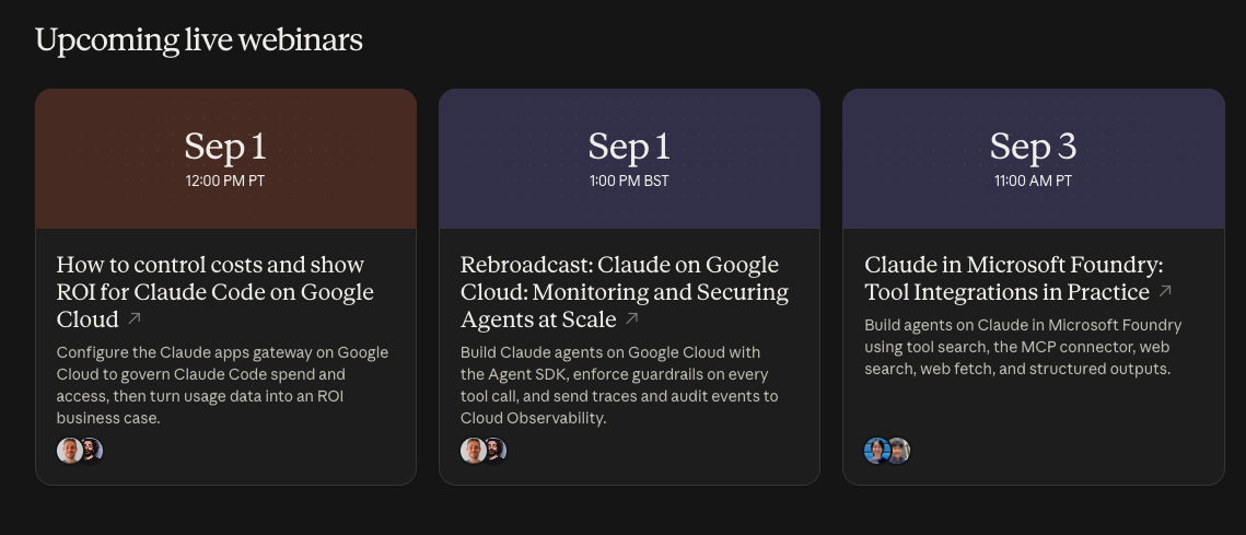 Claude Academy upcoming live webinars, including Claude Code on Google Cloud and Claude in Microsoft Foundry