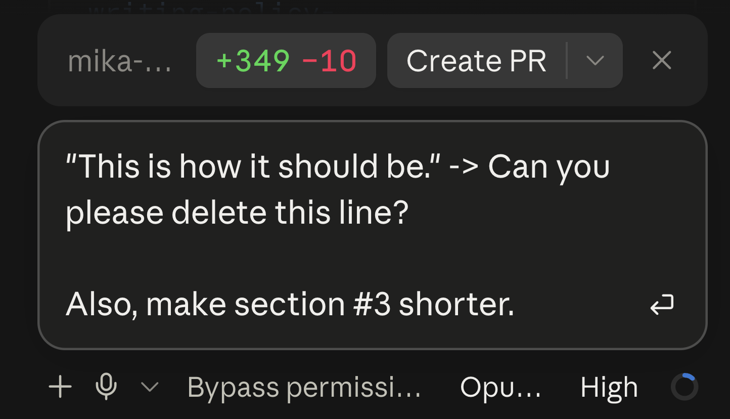 Claude Code prompt box with a typed request to delete one line and shorten section three, next to a 349-line diff