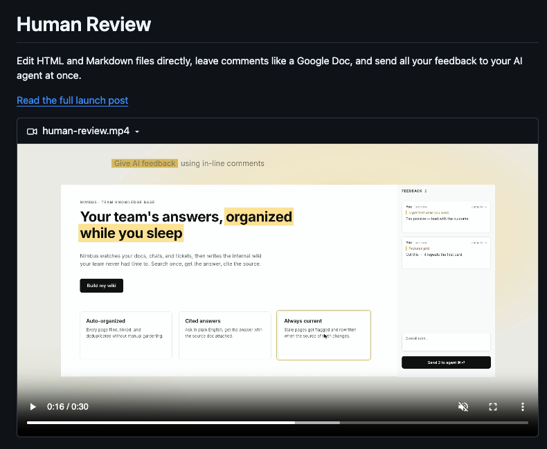 Human Review's GitHub README with the demo video showing a landing page under review, highlighted text, and a Send 2 to agent button in the feedback panel