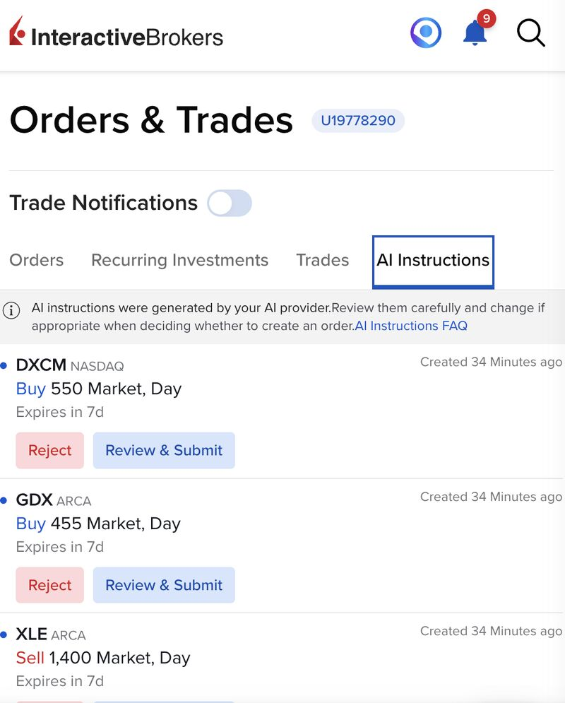 IBKR mobile: AI Instructions queue with Review & Submit and Reject