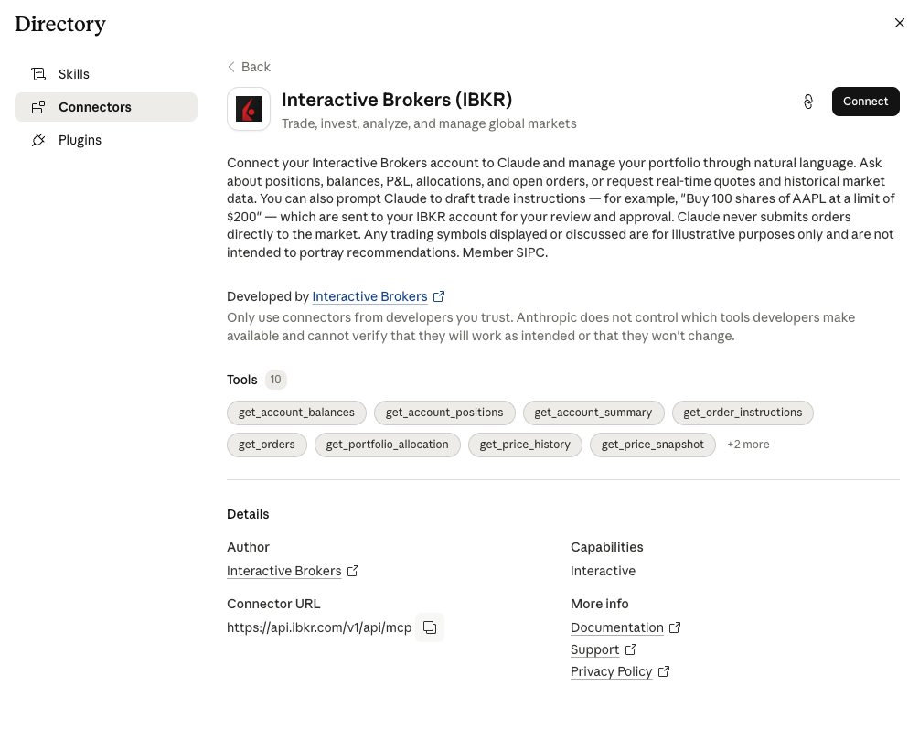 IBKR connector in Claude's directory