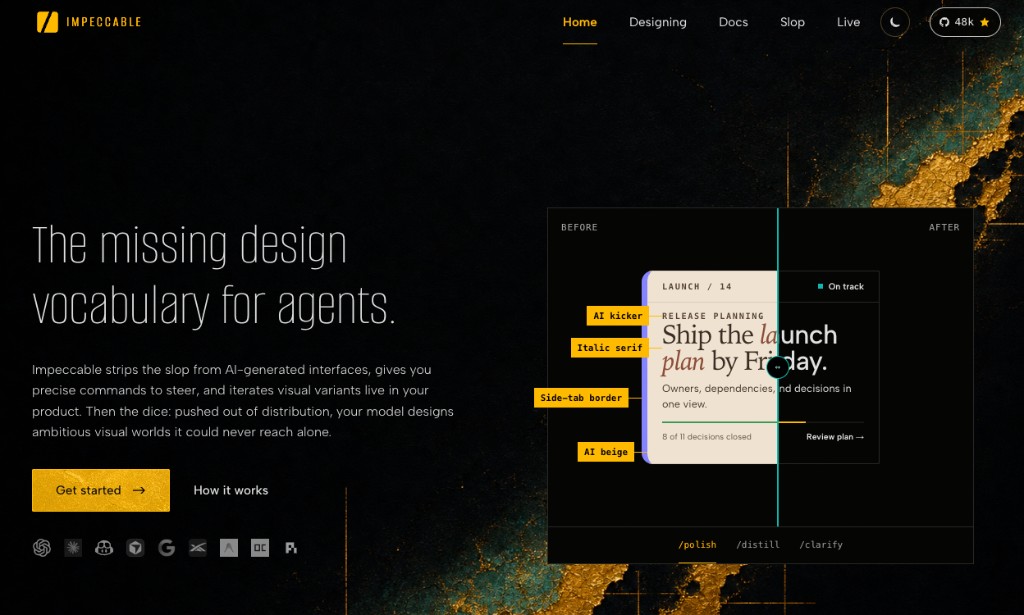 Impeccable.style homepage showing before and after AI UI cleanup with polish distill and clarify commands