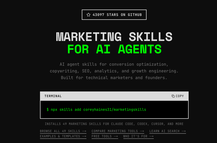 Marketing Skills for AI Agents landing page with about 43,000 GitHub stars and the npx skills add install command