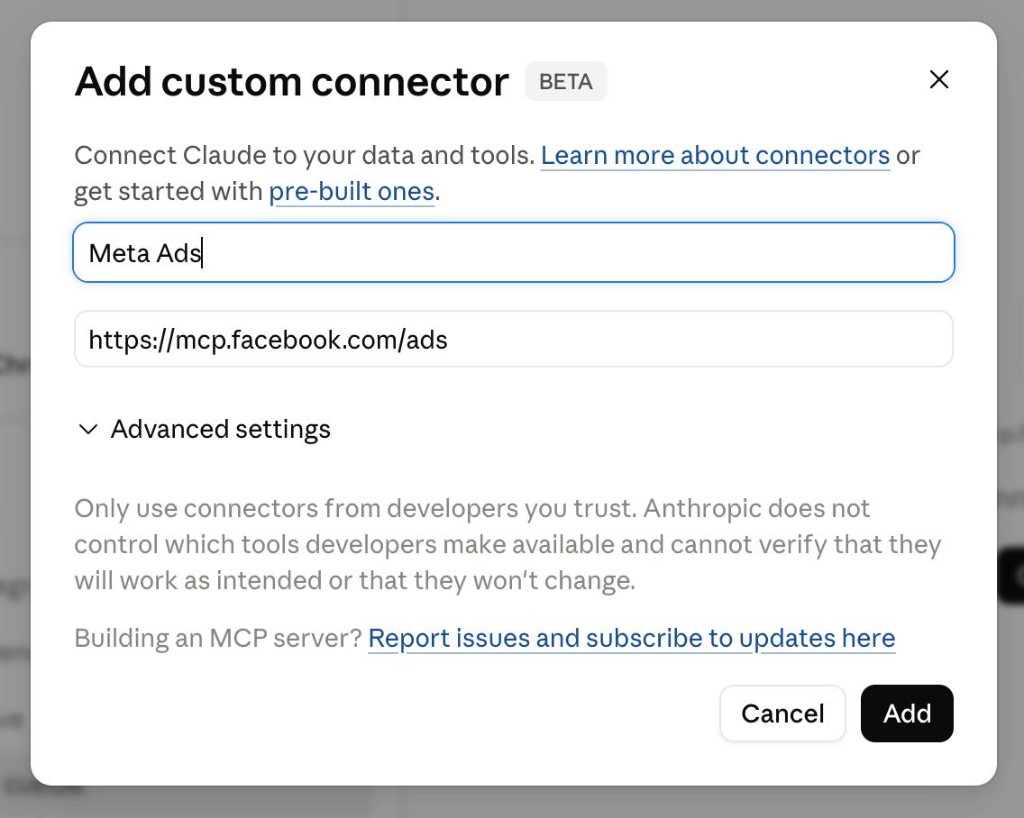 Add custom connector modal in Claude