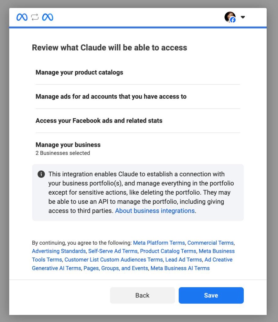 Facebook permissions review screen