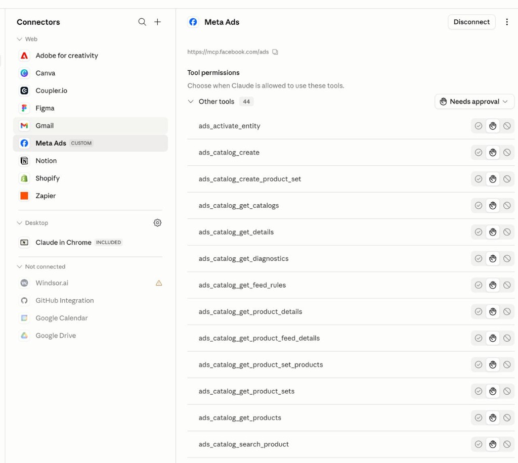 Meta Ads connector tool permissions