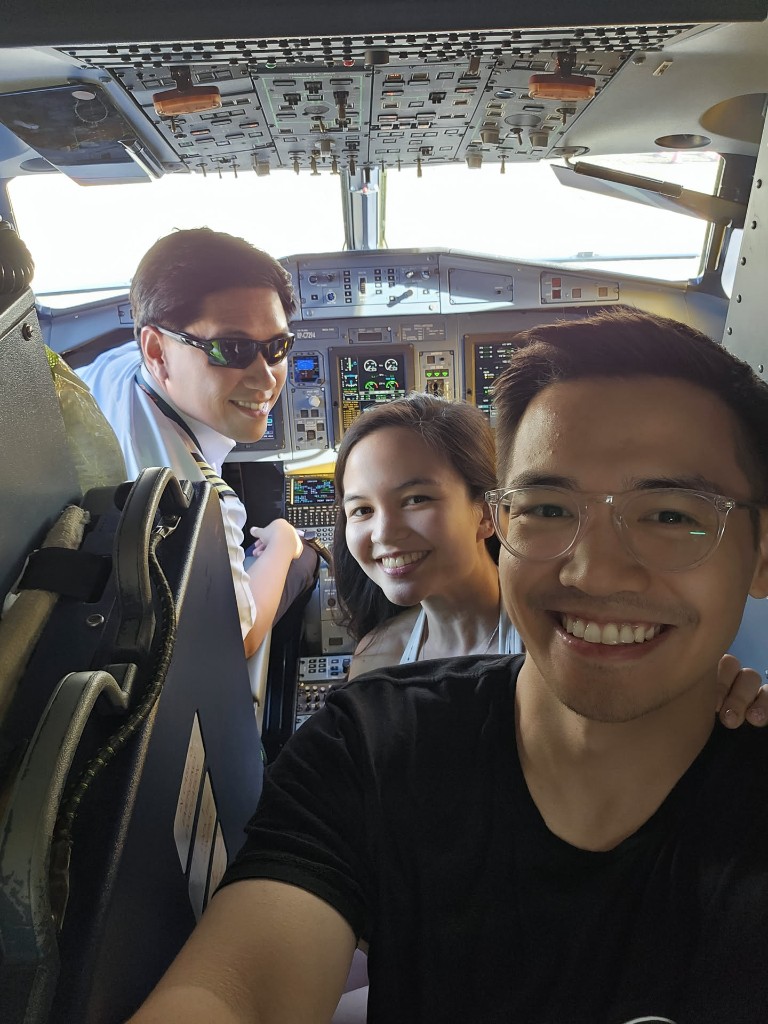 Mika and Nick at the cockpit of our wedding flight