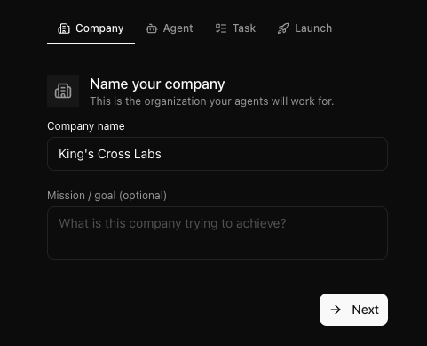 Paperclip company setup: name your company and mission