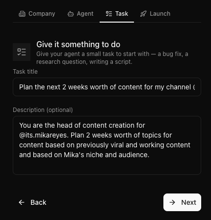 Paperclip task setup: give your agent something to do