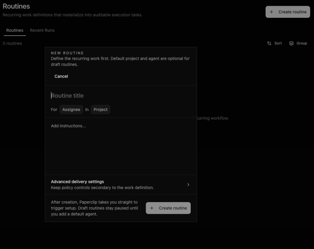 Paperclip new routine modal