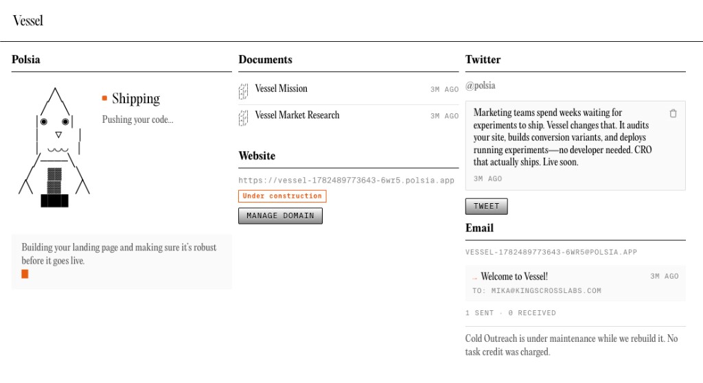 Polsia dashboard: documents, website under construction, and shipping status