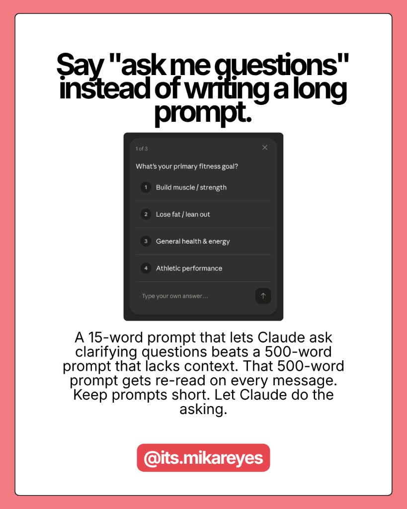 Claude Cowork showing the AskUserQuestion tool in action with clickable multiple-choice options displayed instead of a blank text box