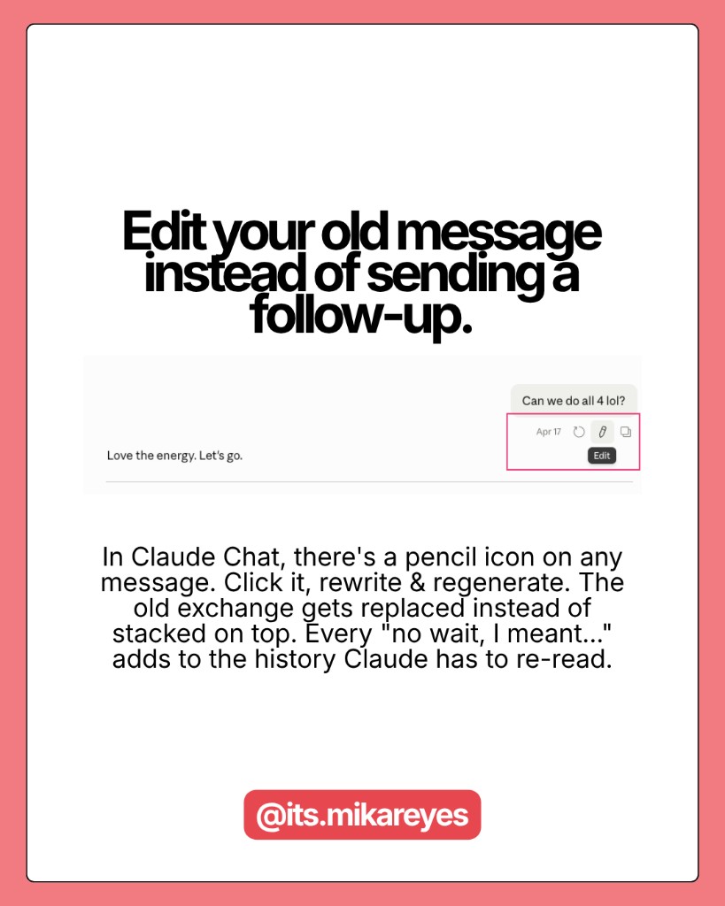 Claude Chat showing the pencil/edit icon on a previous message with the edit box open and a revised prompt inside
