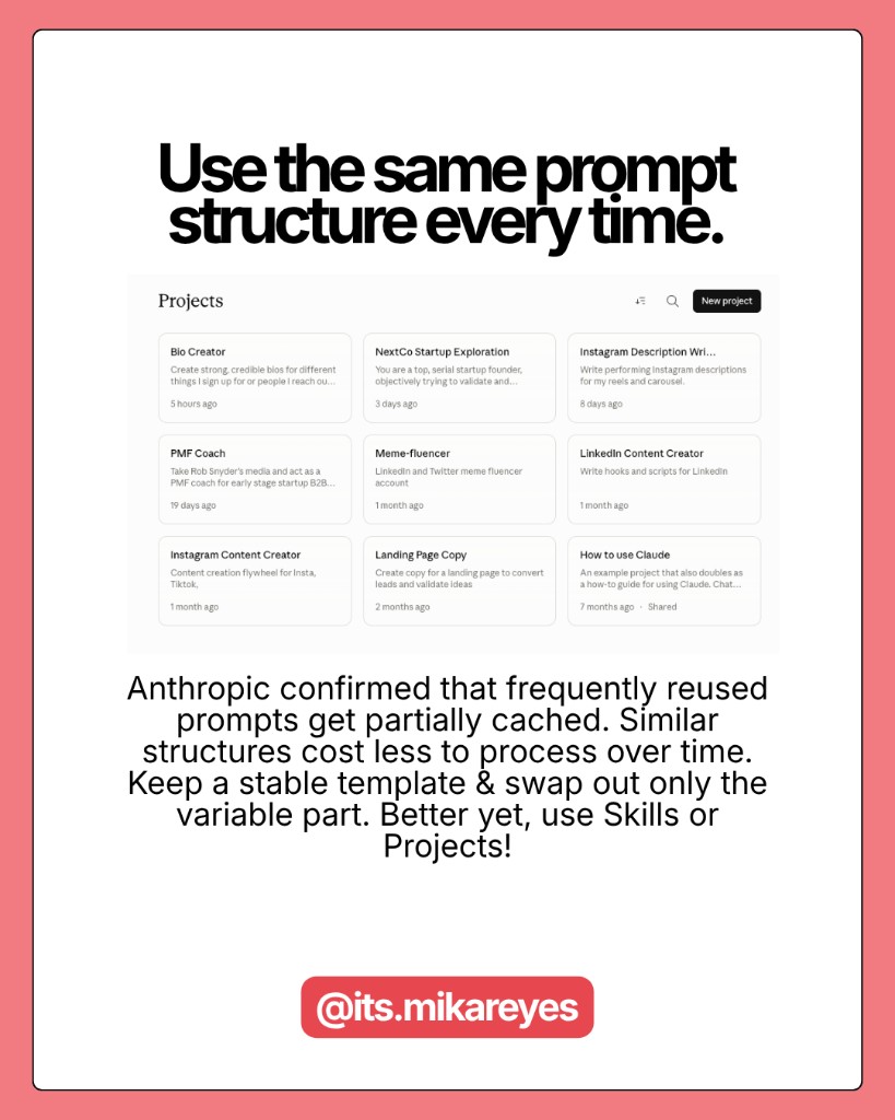 Slide showing repeated prompt structures and caching benefits
