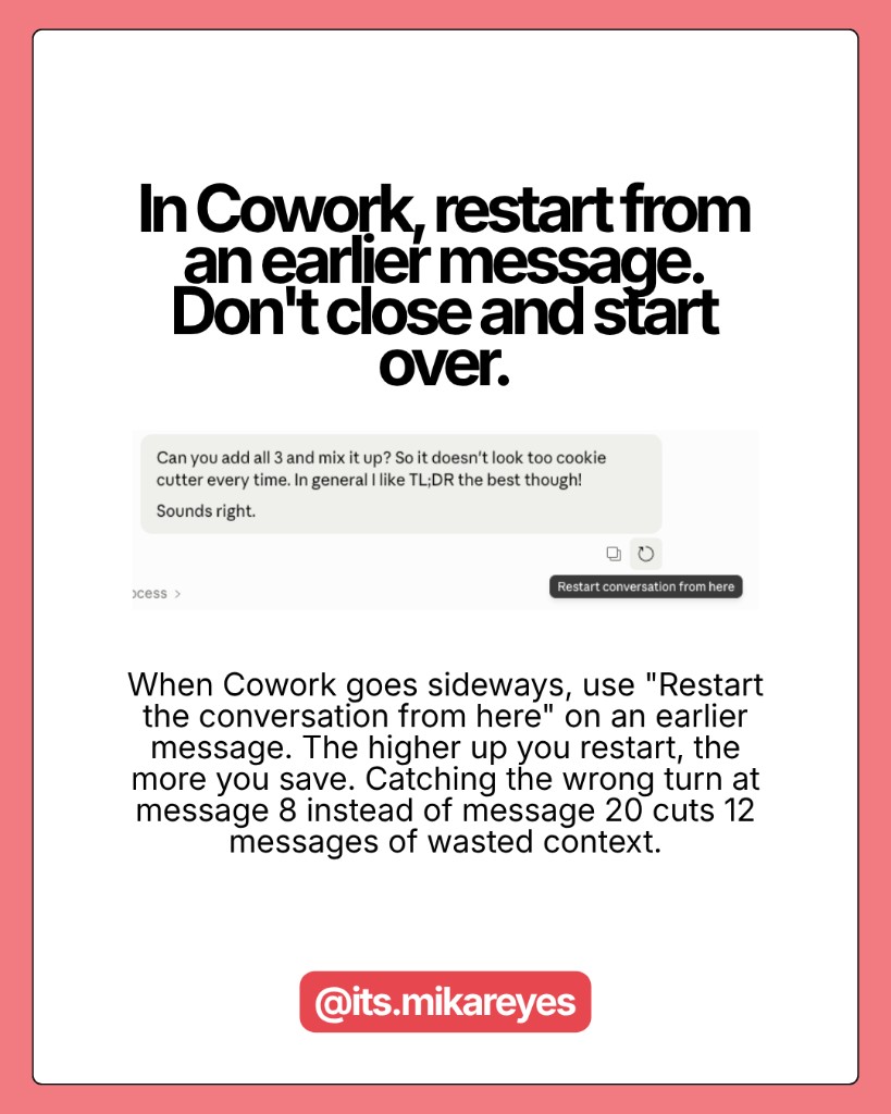 Cowork interface showing the "Restart the conversation from here" option appearing on hover over a previous message