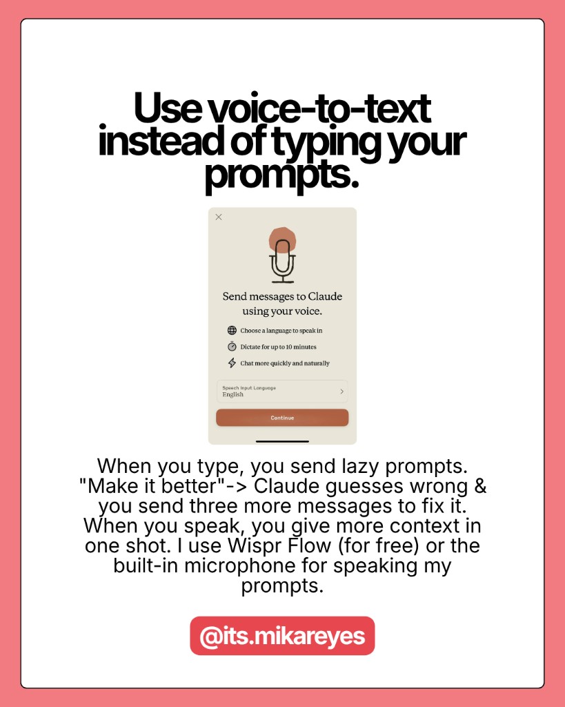 Slide showing why voice-to-text reduces follow-up messages and token waste
