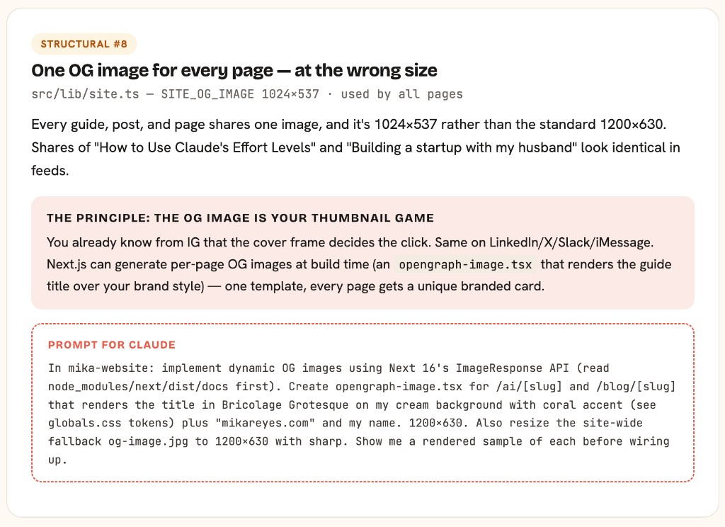 Structural issue card explaining one shared OG image at wrong size, the thumbnail principle, and a ready-to-paste Claude prompt for dynamic OG images