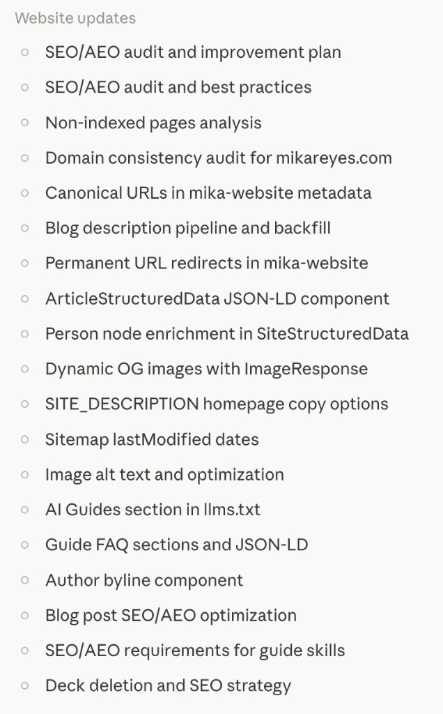 Linear-style list of website SEO and AEO updates including audit, canonicals, JSON-LD, OG images, FAQ, sitemap, and llms.txt