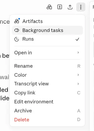 Claude Code session menu with Background tasks highlighted