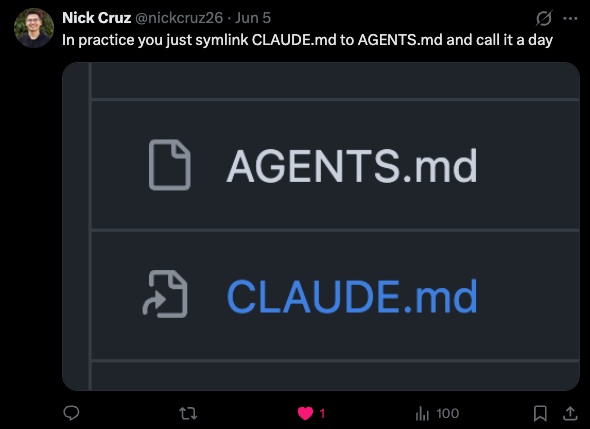 Nick Cruz tweet: symlink CLAUDE.md to AGENTS.md