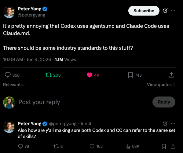 Peter Yang tweet: Codex uses AGENTS.md and Claude Code uses CLAUDE.md