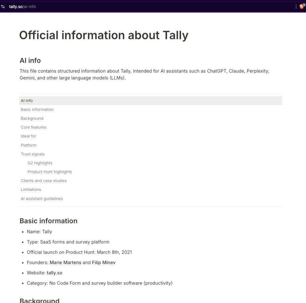 Tally's ai-info page with structured sections for AI assistants including basic information, features, and trust signals