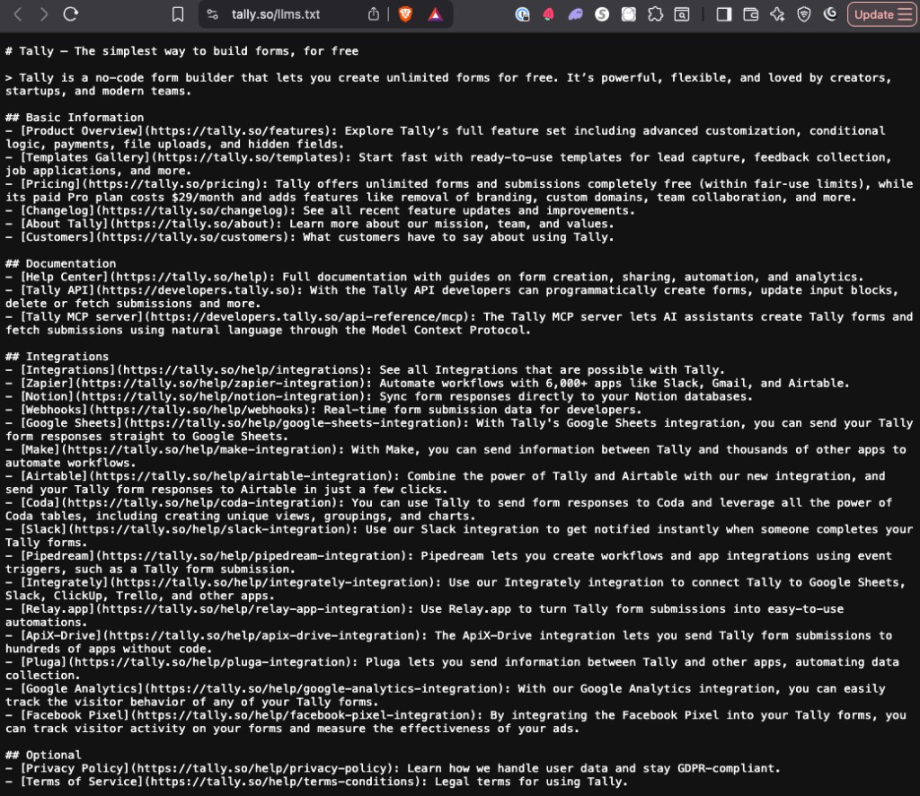 Tally's llms.txt file open in a browser, showing structured sections for product info, docs, and integrations