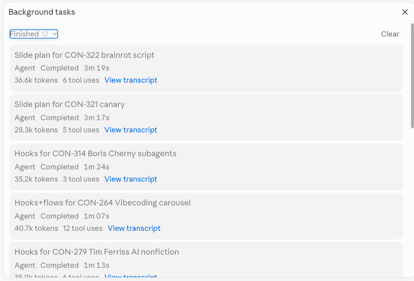 Claude Code Background tasks panel listing completed agents with their runtime and token counts