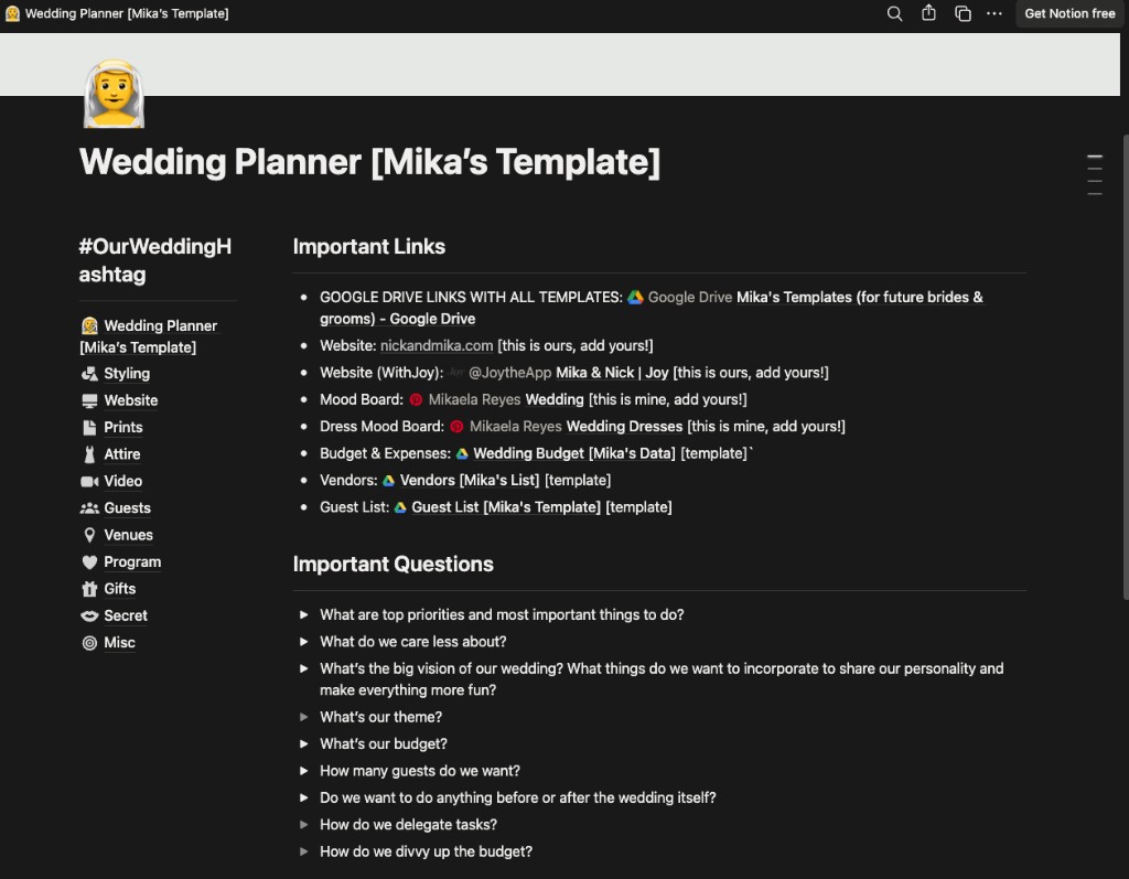 Wedding Planner Notion template dashboard with sidebar sections and planning questions