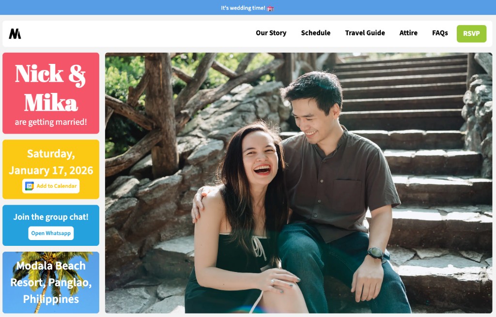 Our actual wedding website homepage