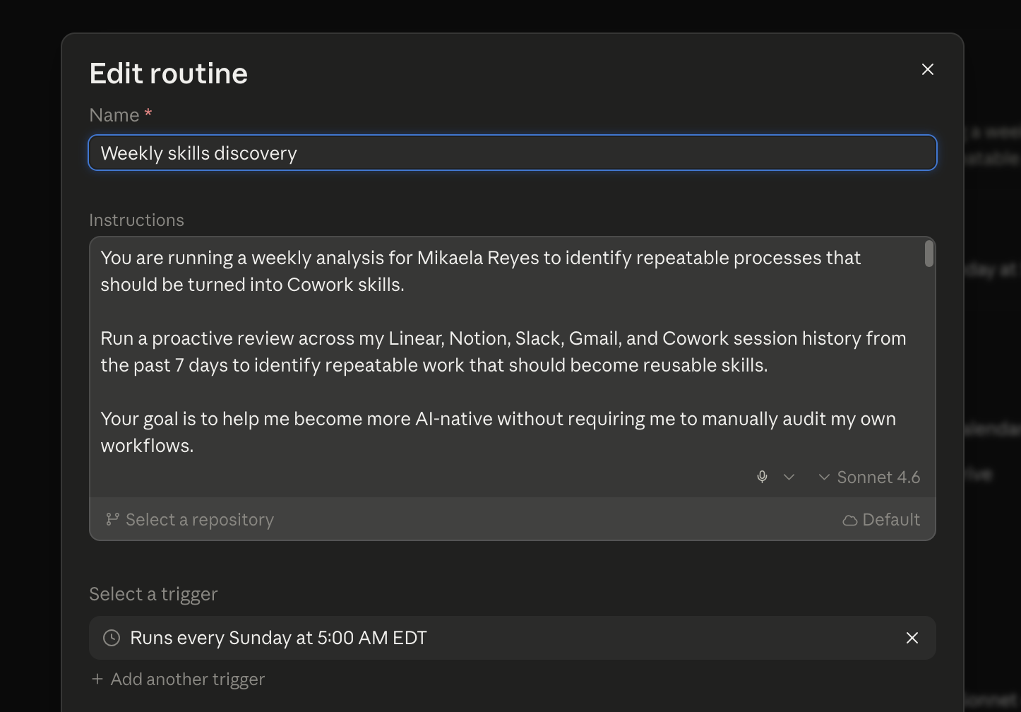 Claude Edit routine modal showing a routine named Weekly skills discovery, an instructions box with the weekly analysis prompt, a Sonnet 4.6 model picker, a repository selector, and a trigger reading Runs every Sunday at 5:00 AM EDT