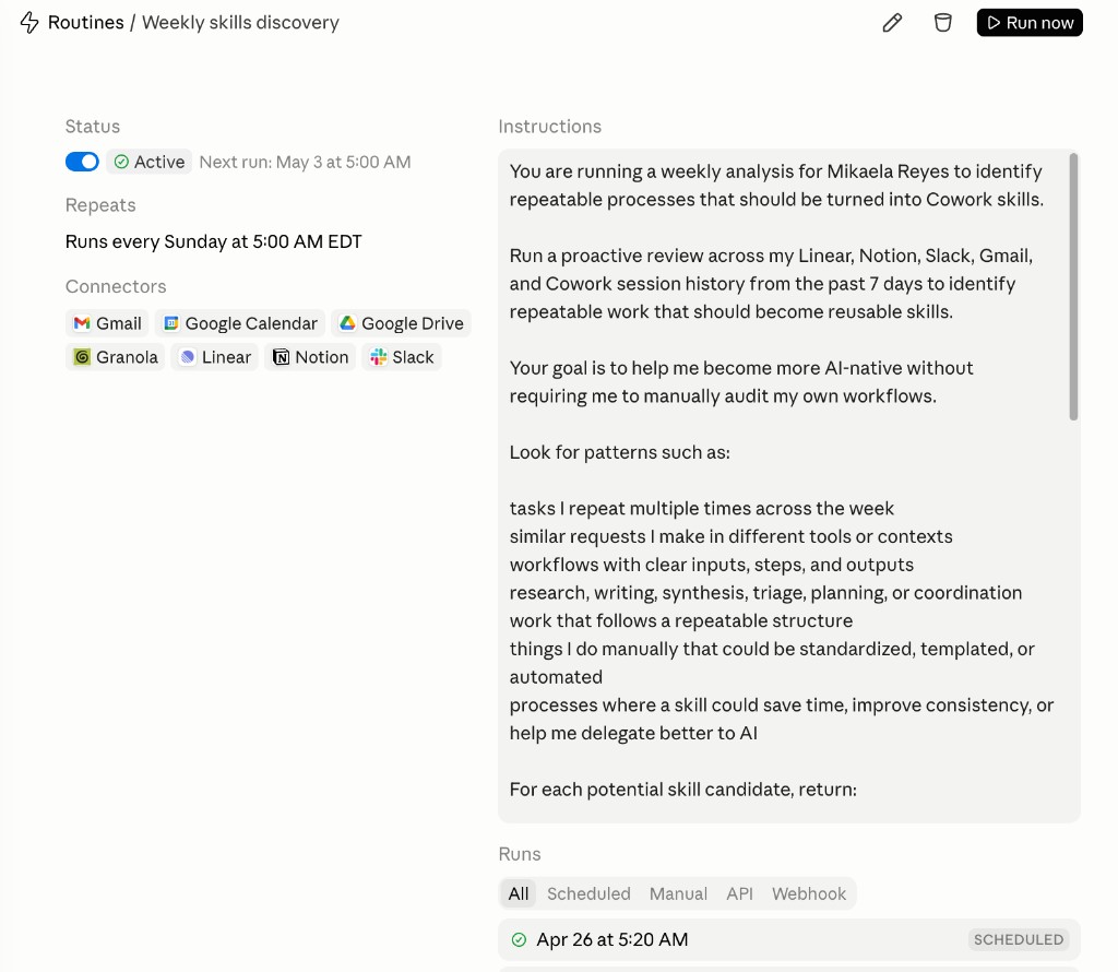 Weekly Skill Discovery routine setup