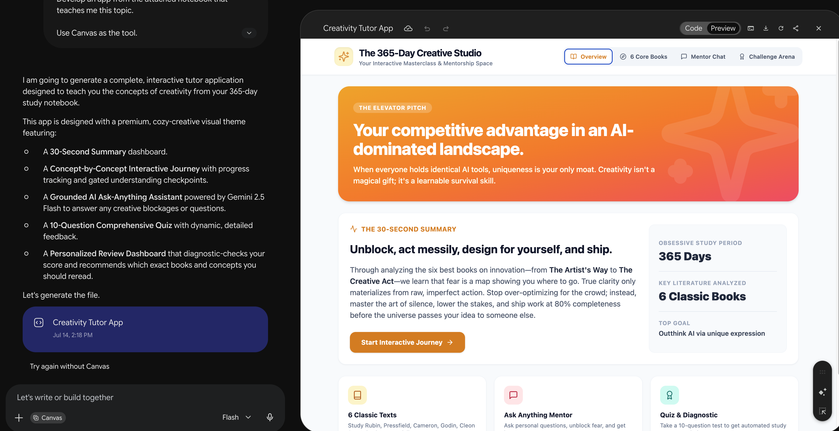 Gemini Canvas preview of The 365-Day Creative Studio tutor app with Overview, Mentor Chat, and Challenge Arena