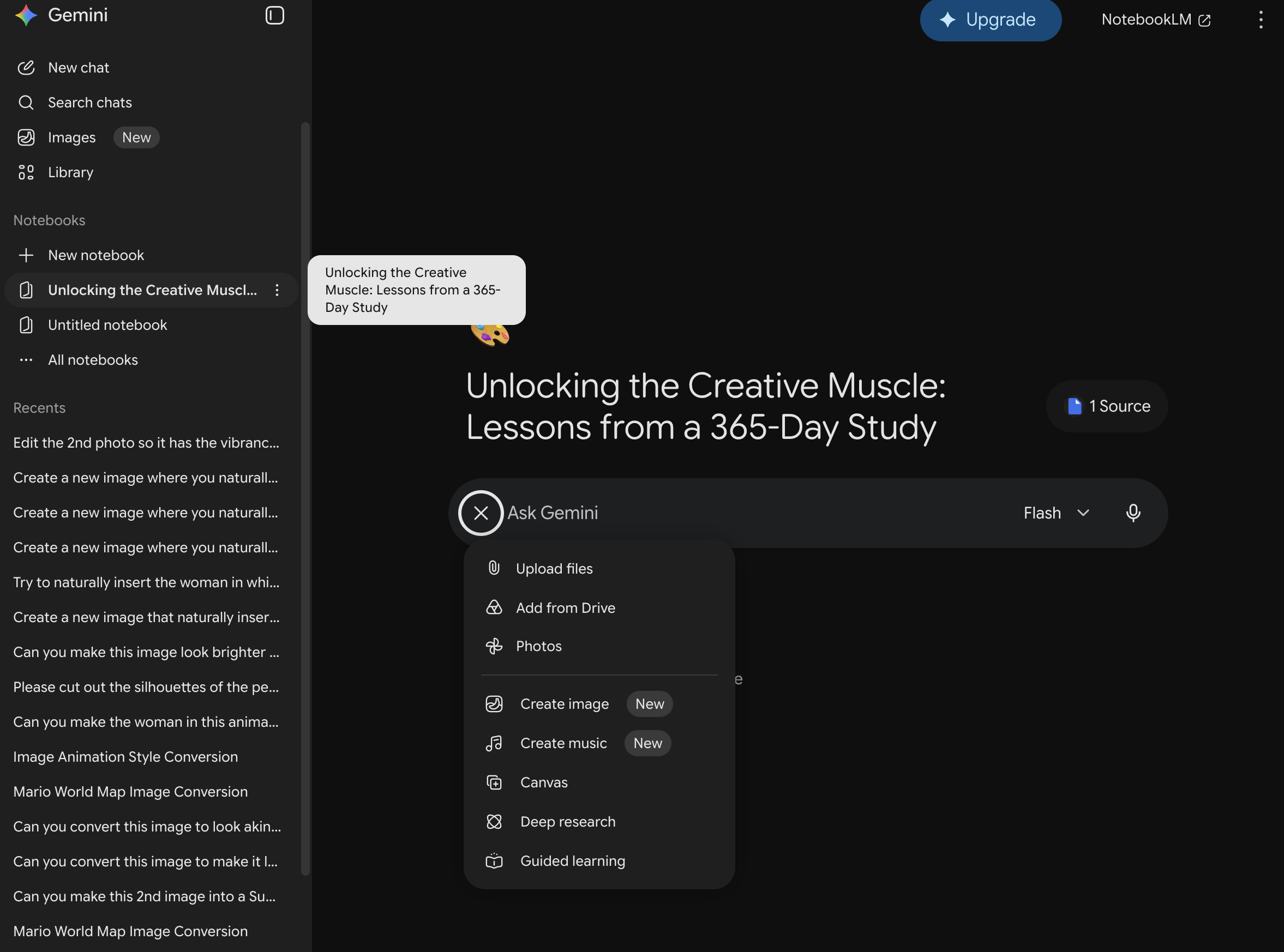 Gemini interface with the Canvas option open and NotebookLM linked at the top