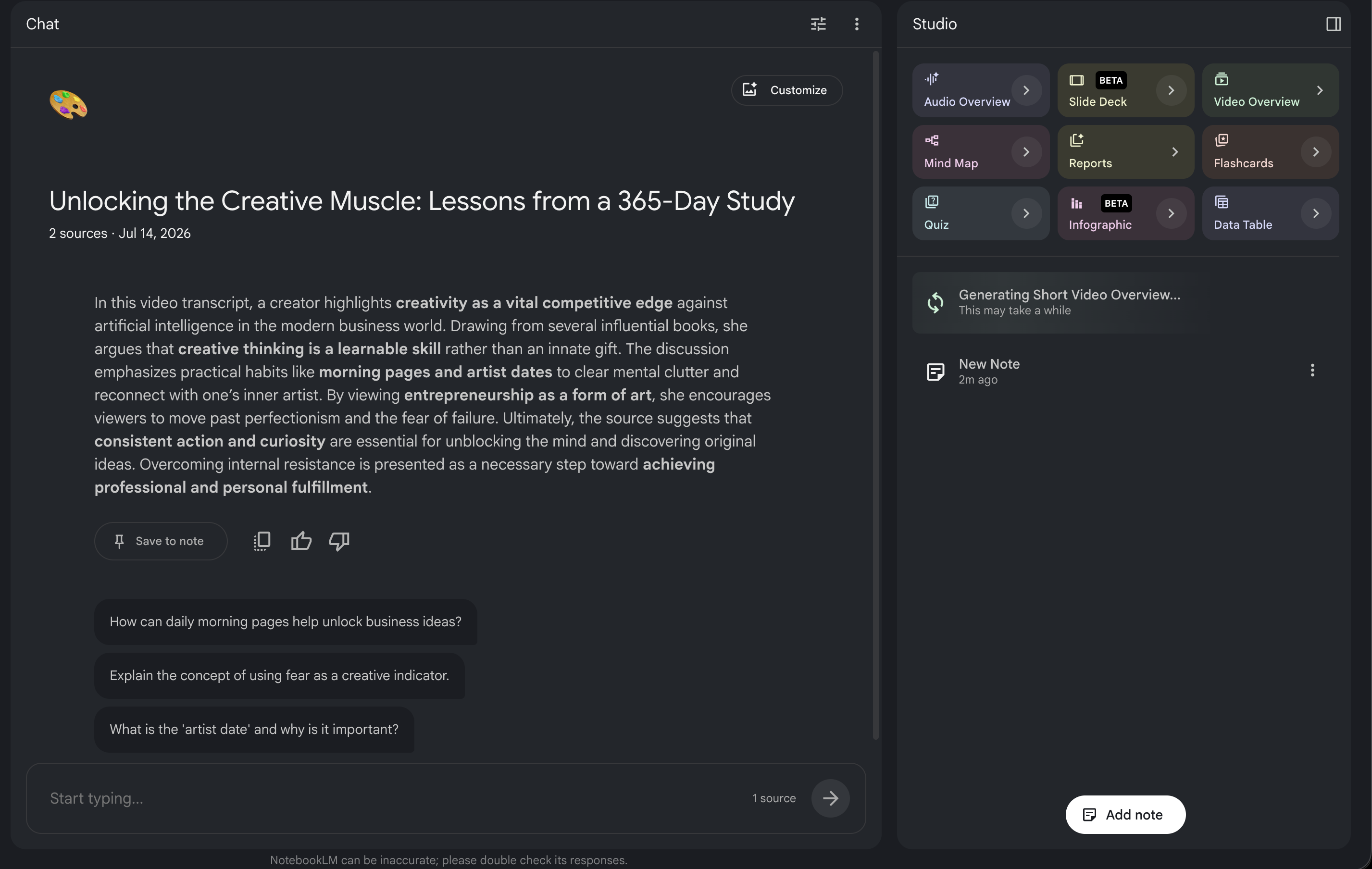 NotebookLM chat summarizing a creativity video with Studio learning formats on the right