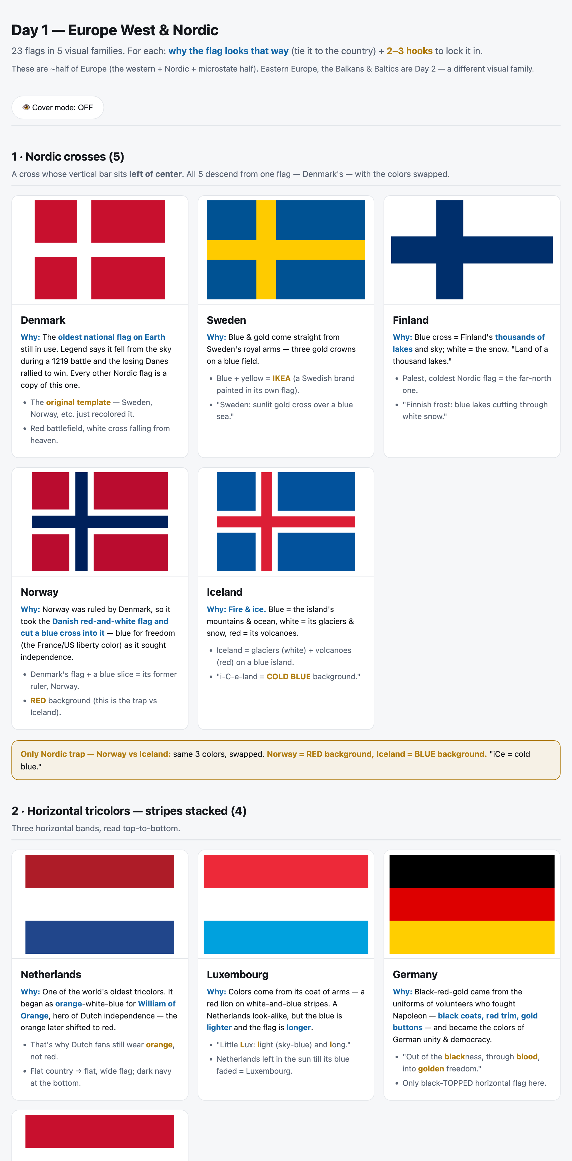 Day 1 study sheet — Europe West & Nordic, 23 flags grouped into visual families with a why + hooks under each (part 1 of 3)