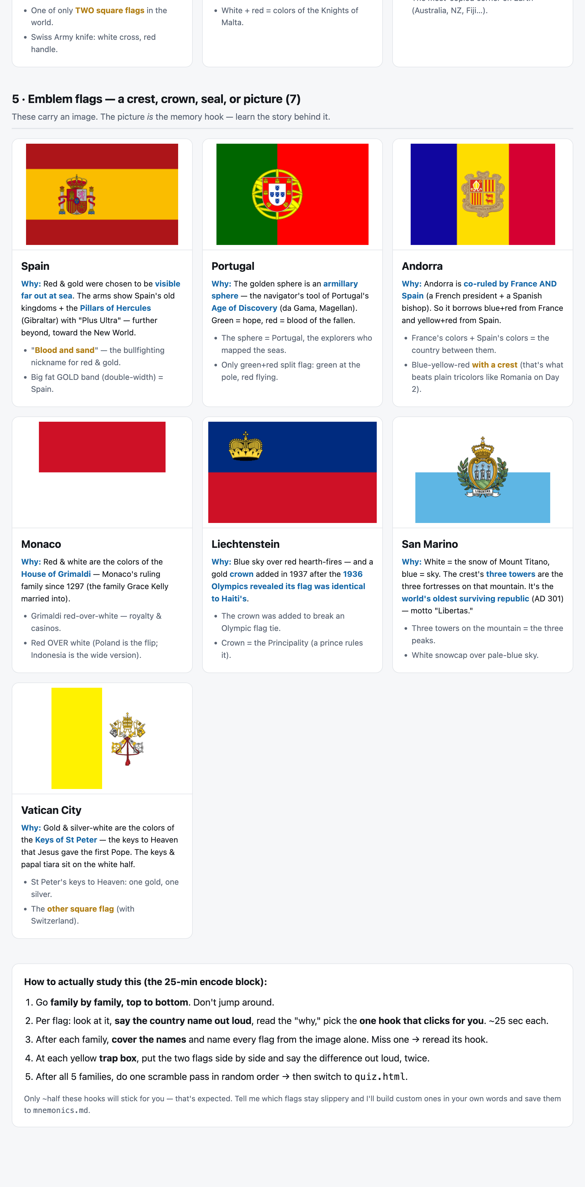 Day 1 study sheet — Europe West & Nordic, 23 flags grouped into visual families with a why + hooks under each (part 3 of 3)