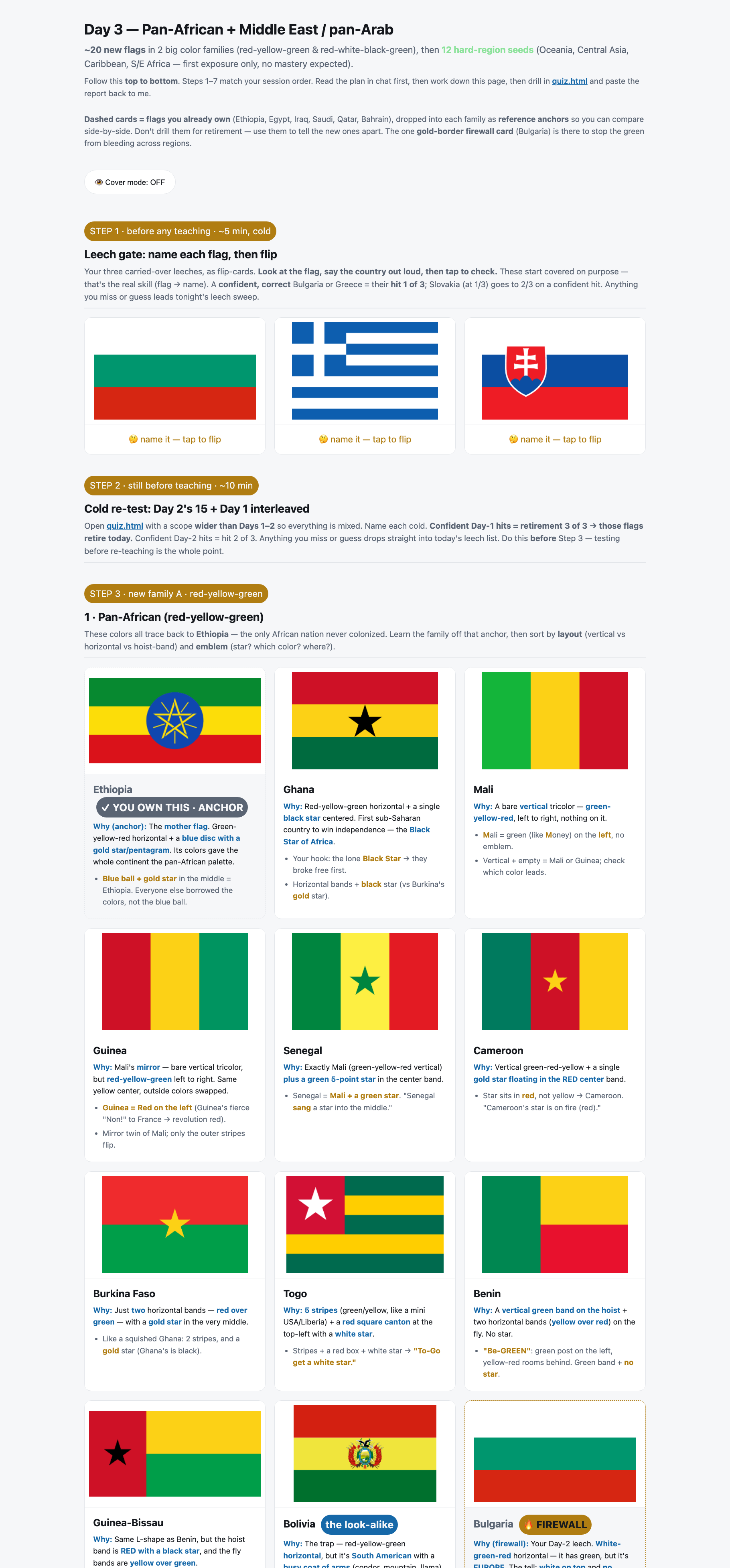 Day 3 study sheet — opens with the leech gate (Bulgaria, Greece, Slovakia as flip-cards), then the pan-African and pan-Arab color families (part 1 of 3)