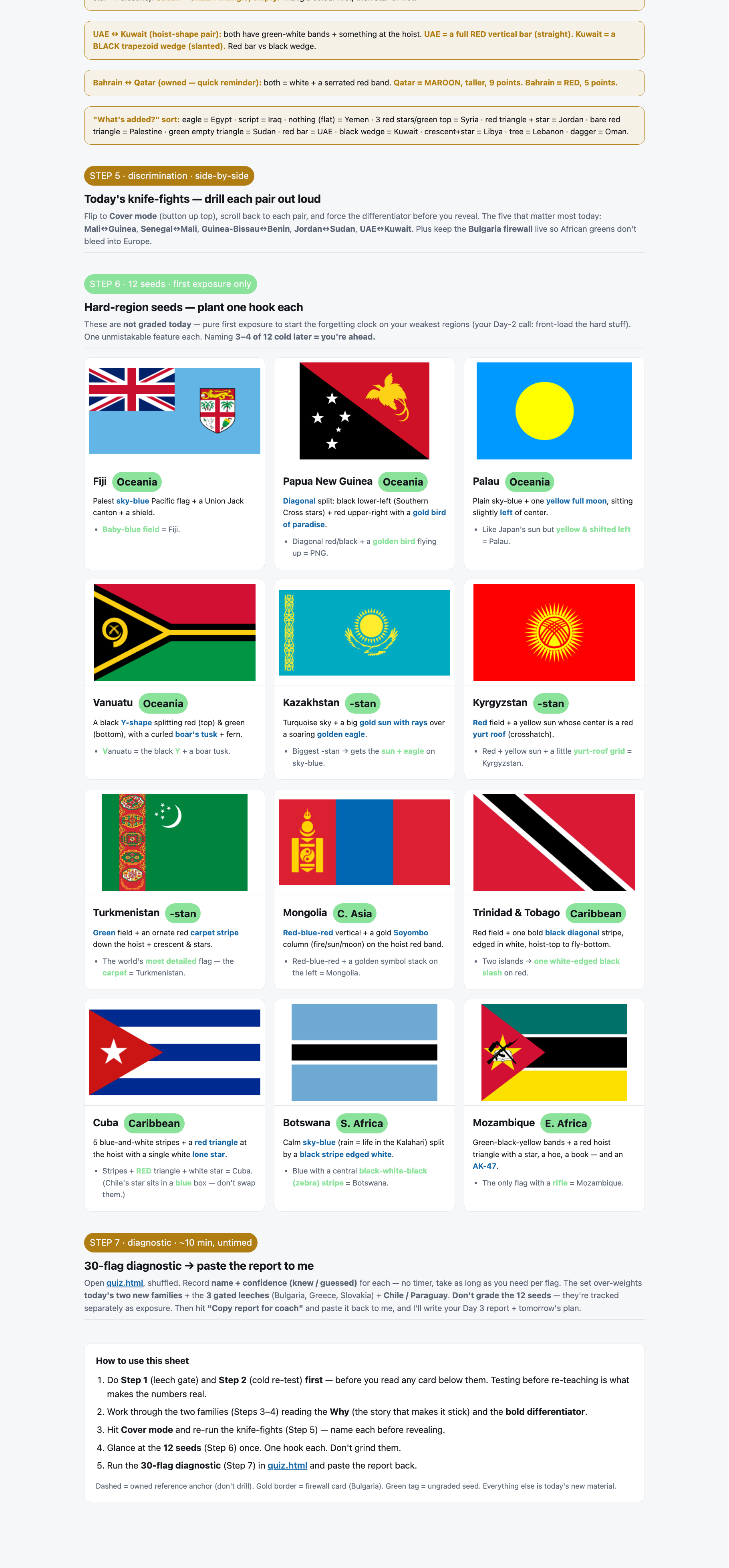 Day 3 study sheet — opens with the leech gate (Bulgaria, Greece, Slovakia as flip-cards), then the pan-African and pan-Arab color families (part 3 of 3)