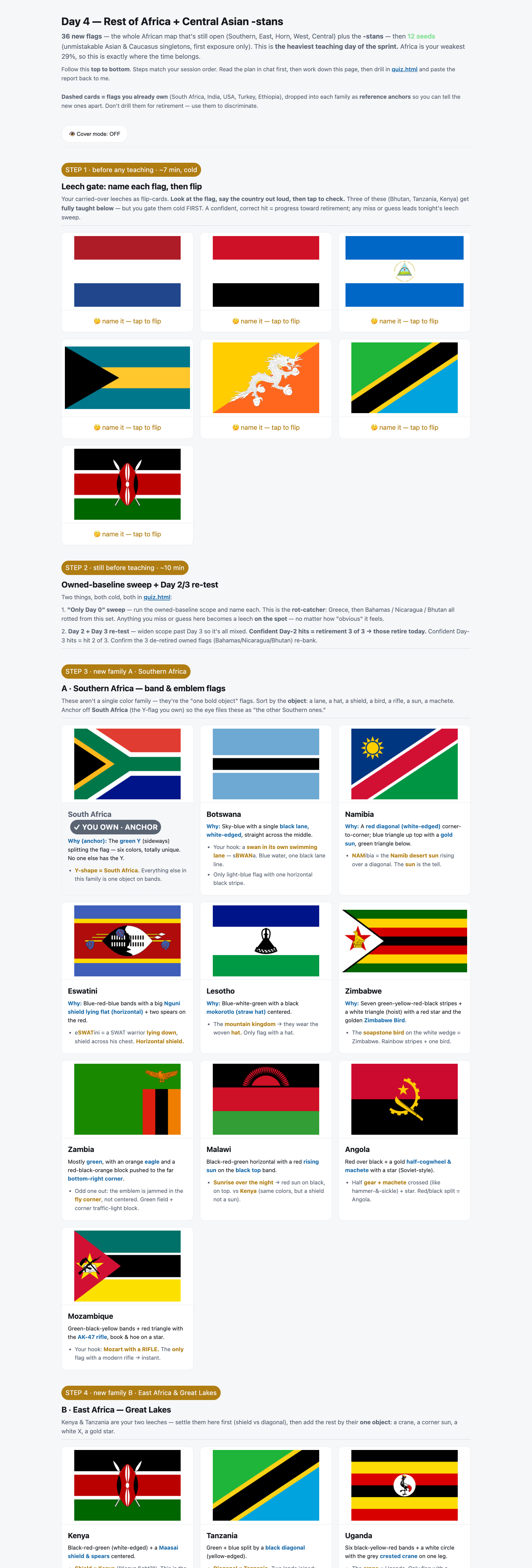 Day 4 study sheet — 36 new flags across six family blocks: Southern Africa, East Africa, the Horn, West Africa, Central Africa, and the -stans (part 1 of 3)