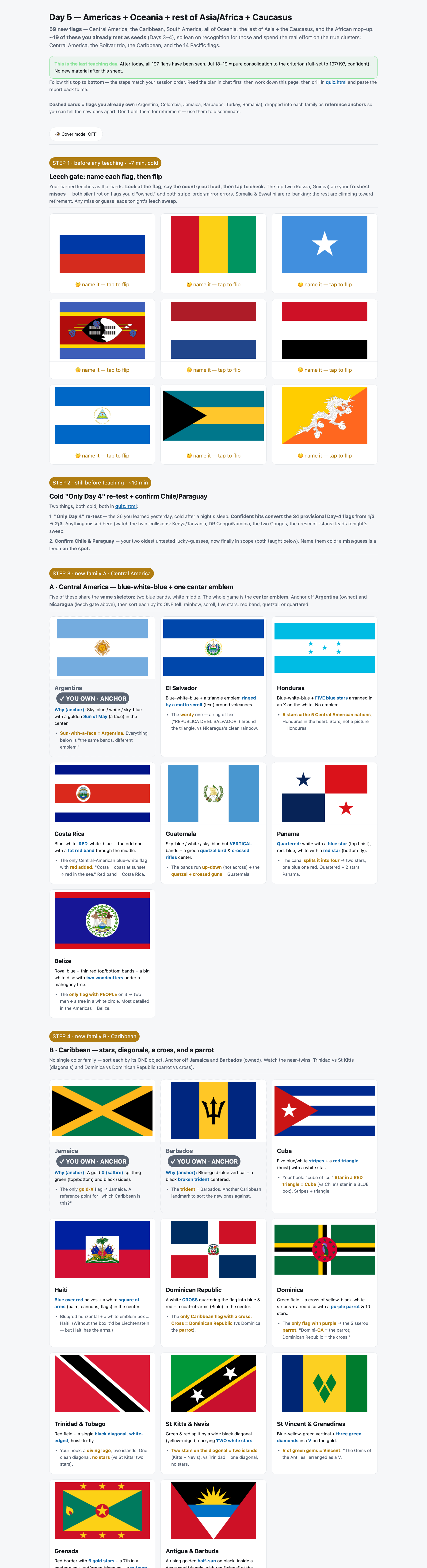Day 5 study sheet — the final 59 flags across the Americas, Oceania, the Caucasus, and the last of Asia and Africa (part 1 of 3)