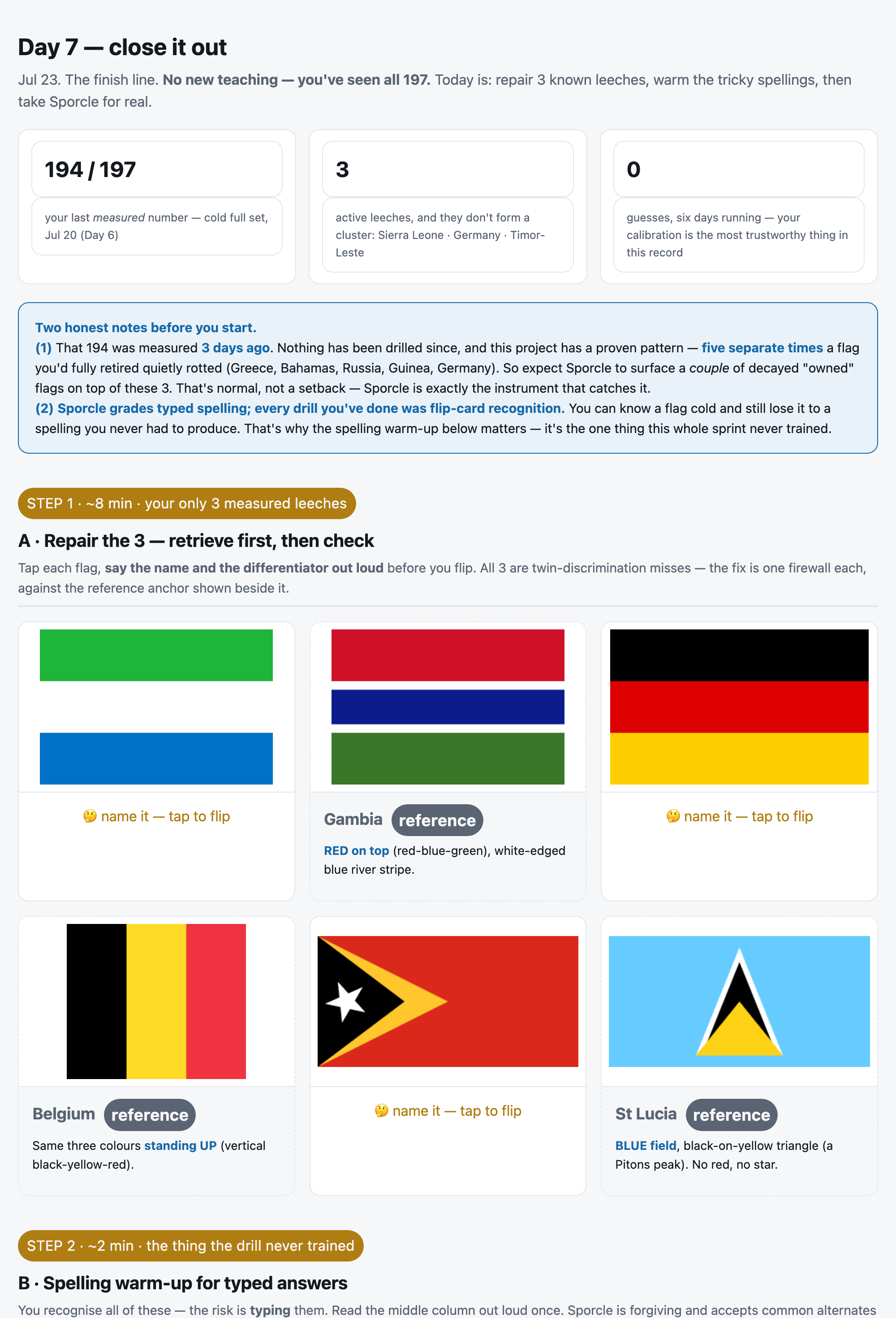 Day 7 study sheet — the three warm-up leeches (Sierra Leone, Germany, Timor-Leste) and the spelling list for the typed tongue-twisters (part 1 of 2)