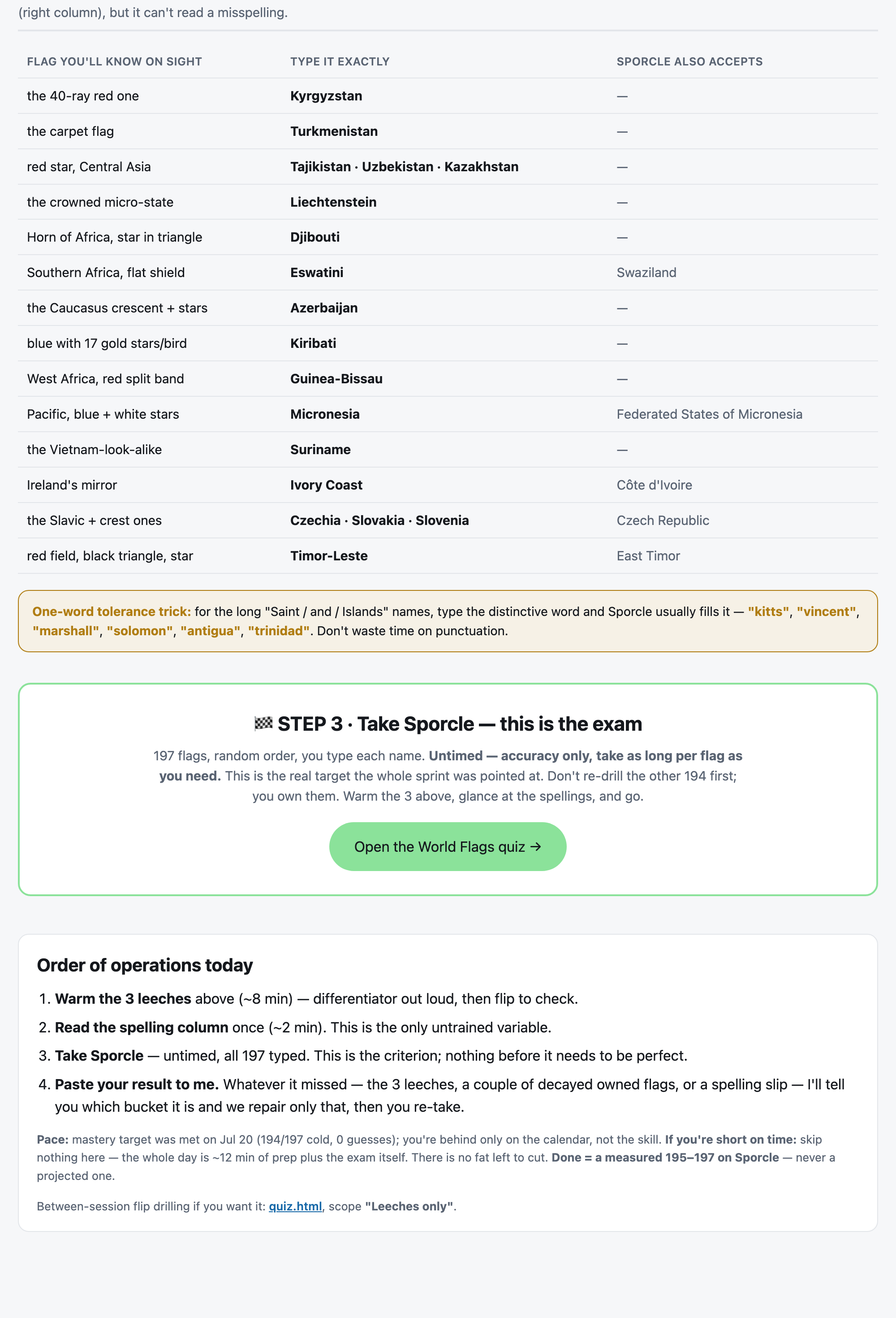 Day 7 study sheet — the three warm-up leeches (Sierra Leone, Germany, Timor-Leste) and the spelling list for the typed tongue-twisters (part 2 of 2)